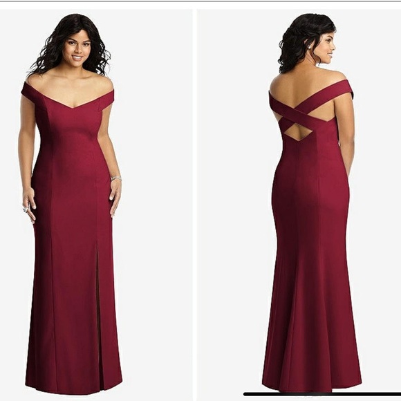 Dessy Collection Off-The-Shoulder Criss Cross Back Trumpet Gown Burgundy 12R - Picture 1 of 9